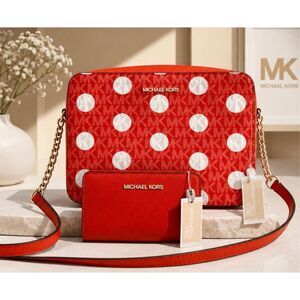 Michael Kors NWT orange Polka Dot MK Logo Crossbody Bag & Wallet Set,